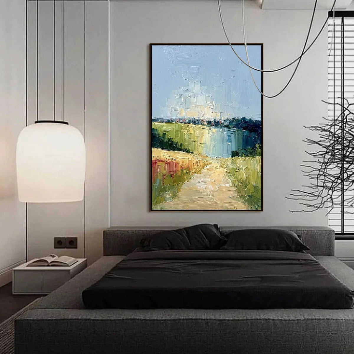 COASTAL PROMENADE: Textured Palette Knife Impasto Landscape Painting | gold frame stretched on neutral wall