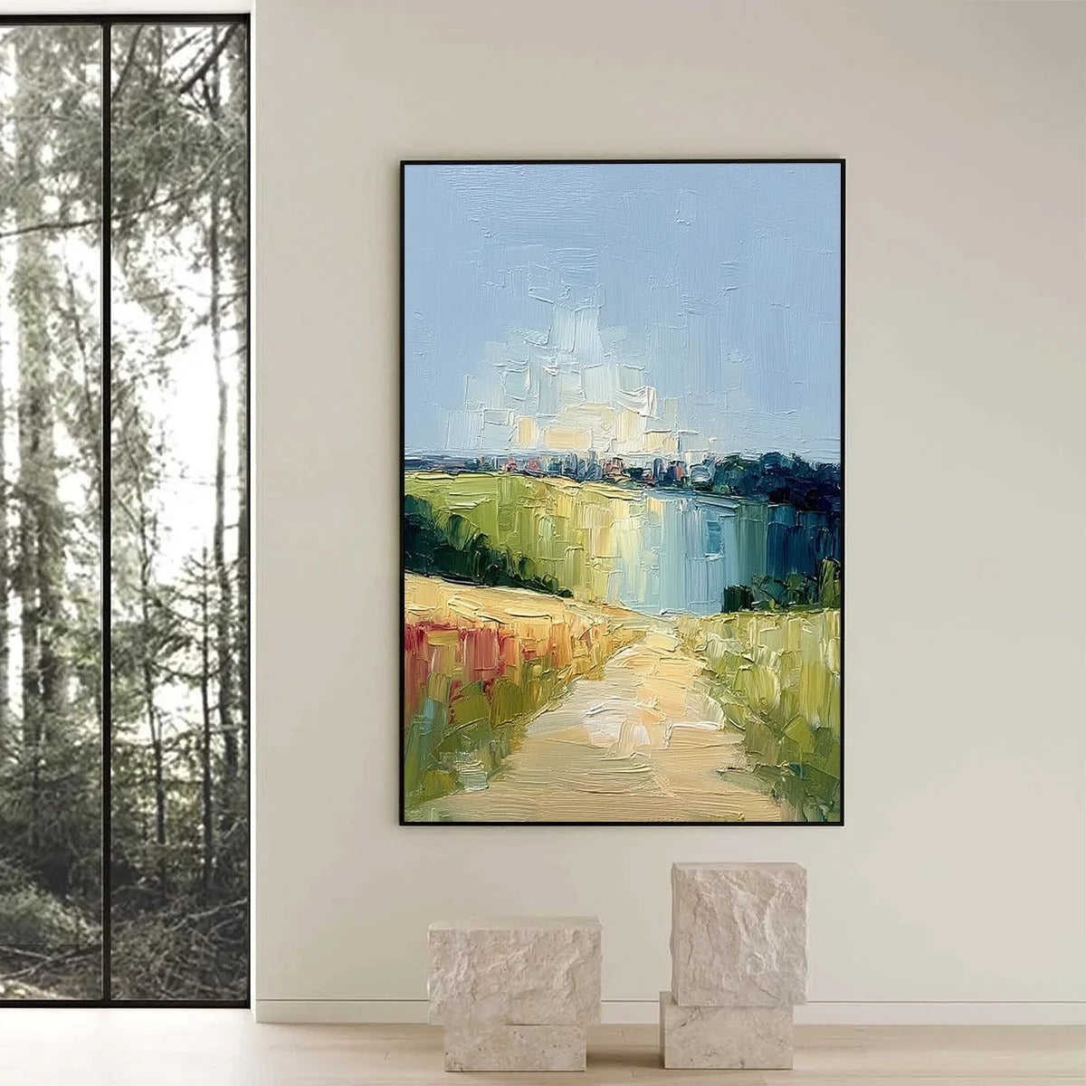 COASTAL PROMENADE: Textured Palette Knife Impasto Landscape Painting | black frame version on white wall