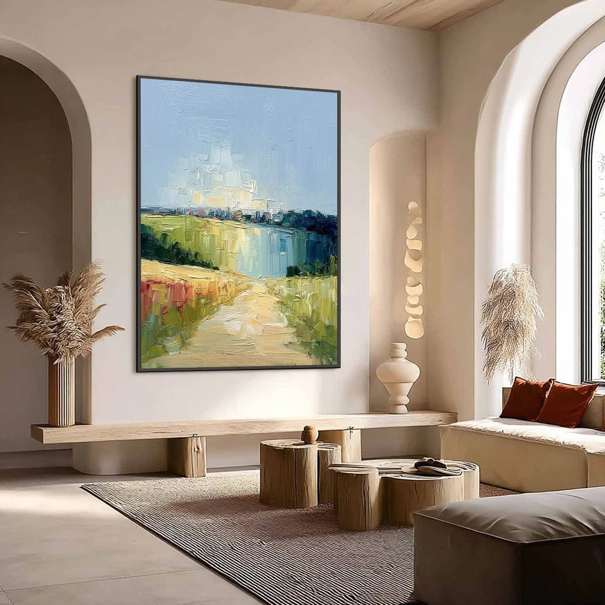 COASTAL PROMENADE: Textured Palette Knife Impasto Landscape Painting | Landscape mood, soft natural light studio shot