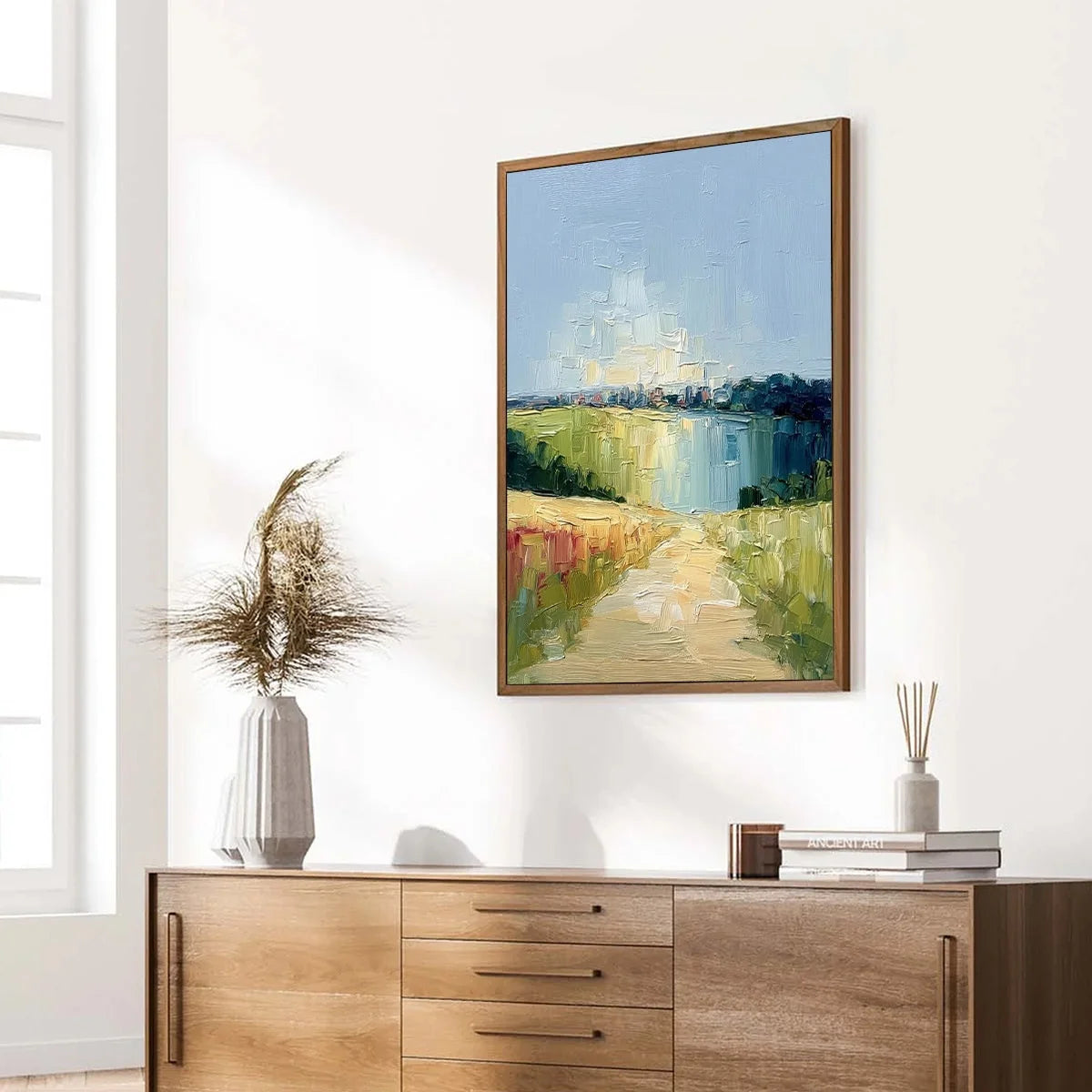 COASTAL PROMENADE: Textured Palette Knife Impasto Landscape Painting | beige palette, original Hand-painted on premium stretched canvas using artist-grade oils; rich layered surface combines smooth...