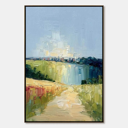 COASTAL PROMENADE: Textured Palette Knife Impasto Landscape Painting | hanging in COASTAL PROMENADE: Textured Palette Knife Impasto Landscape Painting featuring layered textured brushwork in refine...