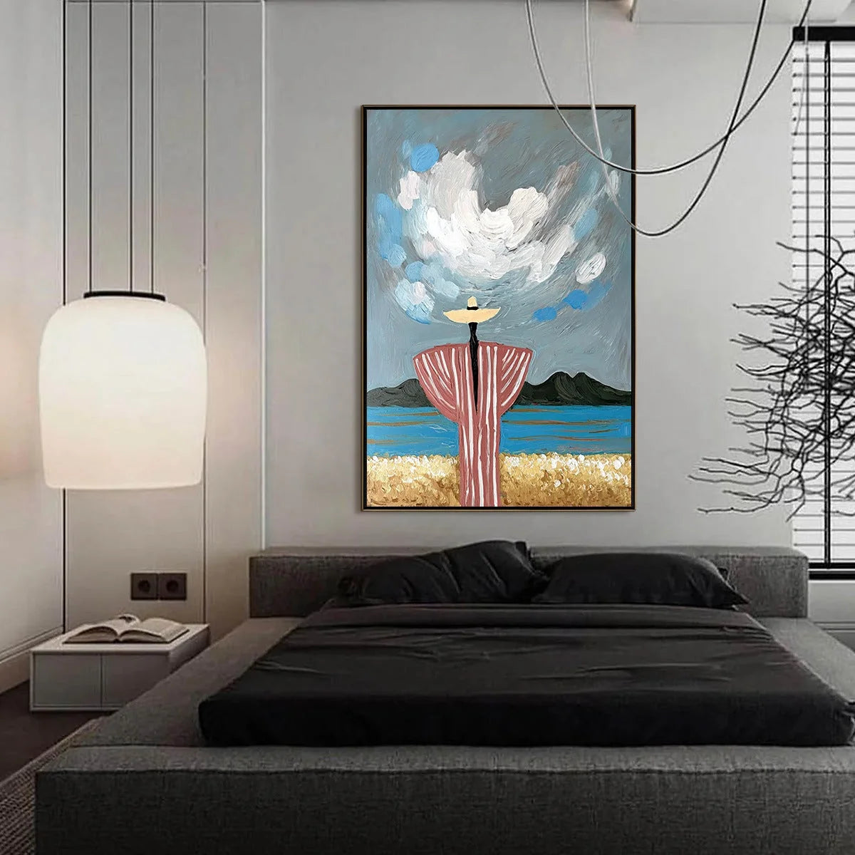 COASTAL REVERIE: Expressive Figurative Beach Landscape Painting | gold frame stretched on neutral wall