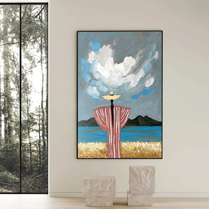 COASTAL REVERIE: Expressive Figurative Beach Landscape Painting | black frame version on white wall