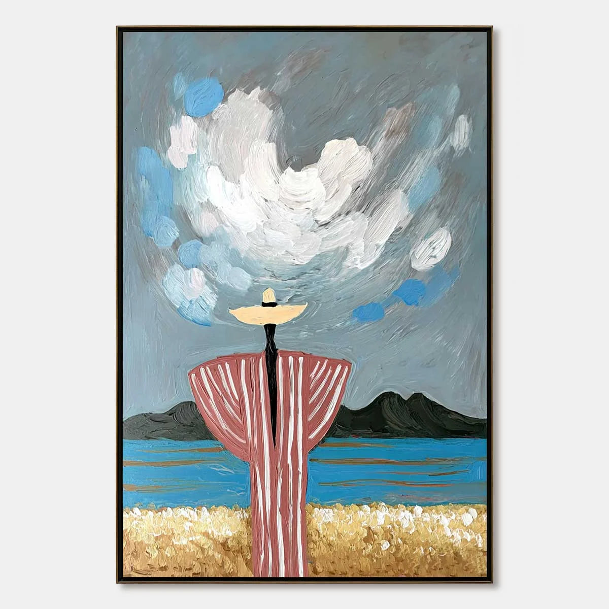 COASTAL REVERIE: Expressive Figurative Beach Landscape Painting | hanging in COASTAL REVERIE: Expressive Figurative Beach Landscape Painting featuring layered textured brushwork in refined tones; l...