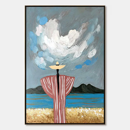 COASTAL REVERIE: Expressive Figurative Beach Landscape Painting | hanging in COASTAL REVERIE: Expressive Figurative Beach Landscape Painting featuring layered textured brushwork in refined tones; l...