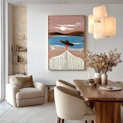 COASTAL REVERIE: Modern Wabi Sabi Style Figurative Beach Painting | gold frame stretched on neutral wall