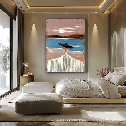 COASTAL REVERIE: Modern Wabi Sabi Style Figurative Beach Painting | black frame version on white wall