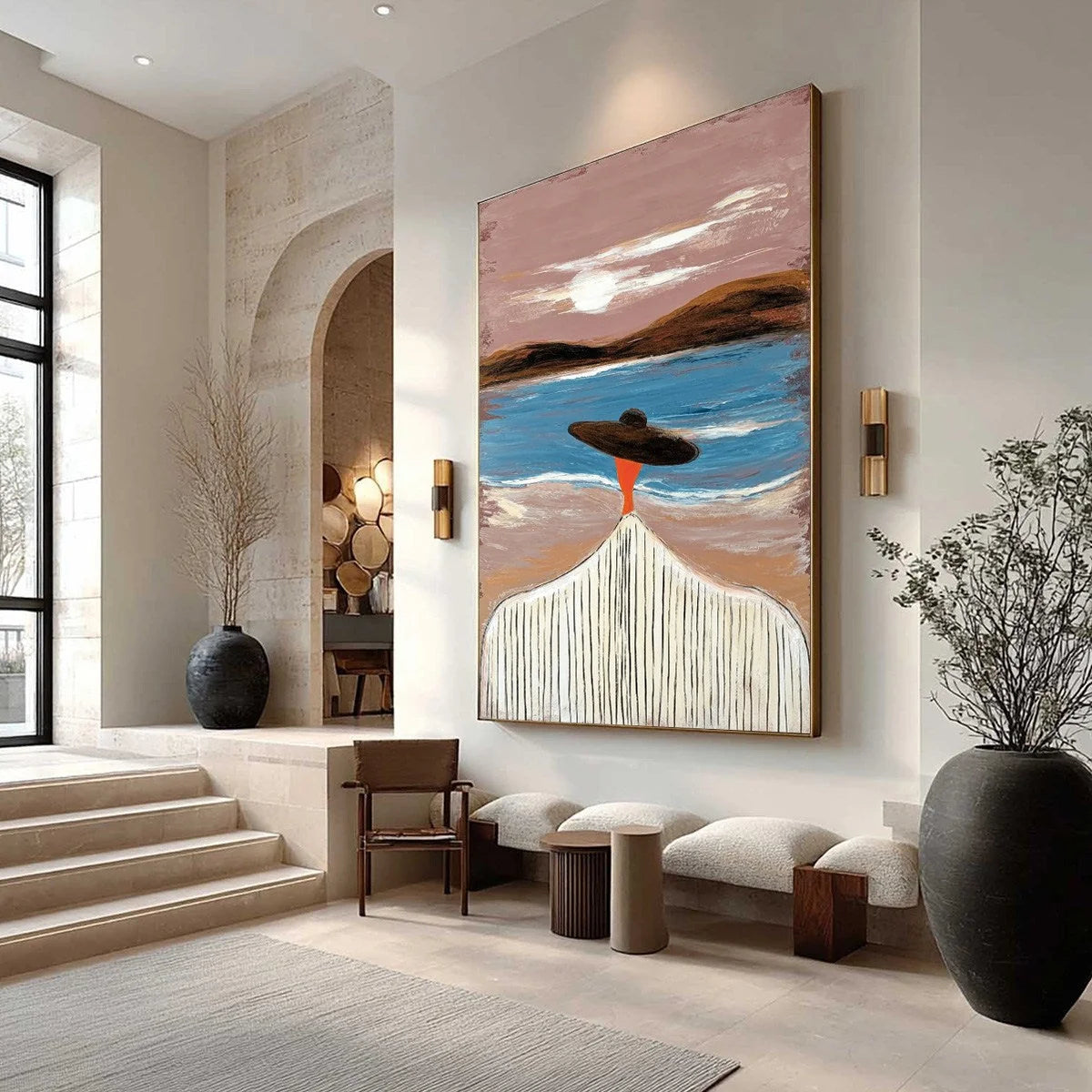 COASTAL REVERIE: Modern Wabi Sabi Style Figurative Beach Painting | Figurative mood, soft natural light studio shot