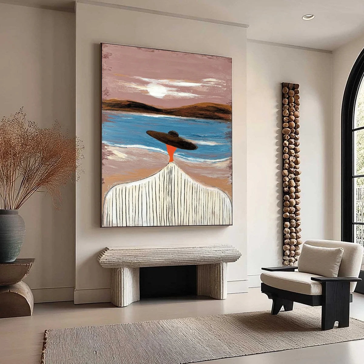 COASTAL REVERIE: Modern Wabi Sabi Style Figurative Beach Painting | beige palette, original Hand-painted on premium stretched canvas using artist-grade oils; rich layered surface combines smooth gr...