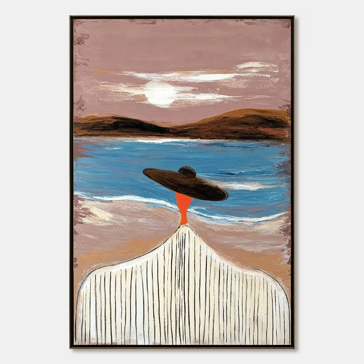 COASTAL REVERIE: Modern Wabi Sabi Style Figurative Beach Painting | hanging in COASTAL REVERIE: Modern Wabi Sabi Style Figurative Beach Painting featuring layered textured brushwork in refined tone...