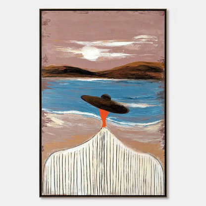 COASTAL REVERIE: Modern Wabi Sabi Style Figurative Beach Painting | hanging in COASTAL REVERIE: Modern Wabi Sabi Style Figurative Beach Painting featuring layered textured brushwork in refined tone...