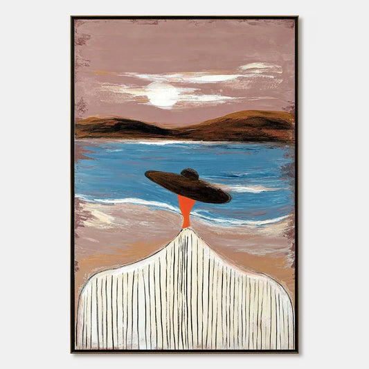 COASTAL REVERIE: Modern Wabi Sabi Style Figurative Beach Painting | hanging in COASTAL REVERIE: Modern Wabi Sabi Style Figurative Beach Painting featuring layered textured brushwork in refined tone...
