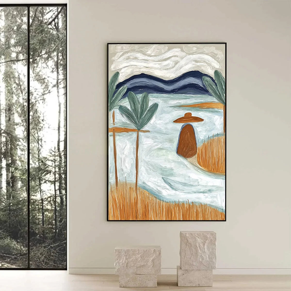 Coastal Reverie Textured Seascape Abstract Painting on Canvas | black frame version on white wall