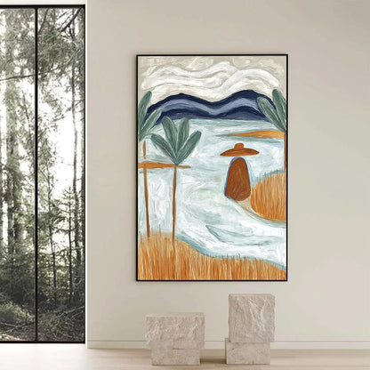 Coastal Reverie Textured Seascape Abstract Painting on Canvas | black frame version on white wall