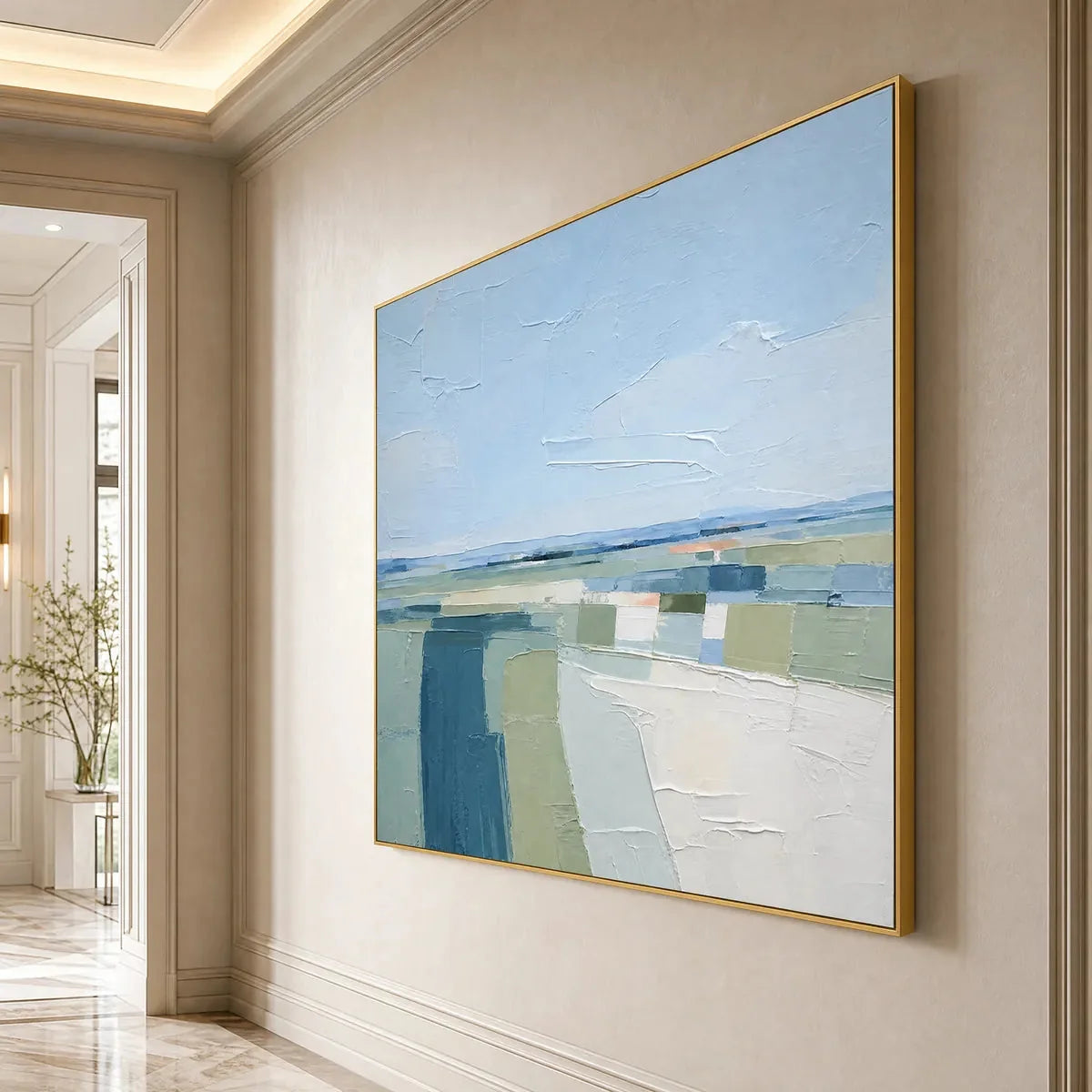 COASTAL REVERIE: Textured Square Abstract Coastal Landscape Painting | gold frame stretched on neutral wall