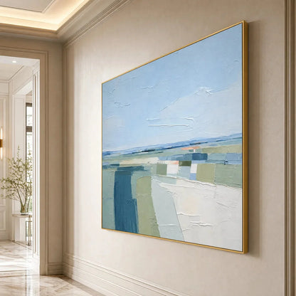 COASTAL REVERIE: Textured Square Abstract Coastal Landscape Painting | gold frame stretched on neutral wall