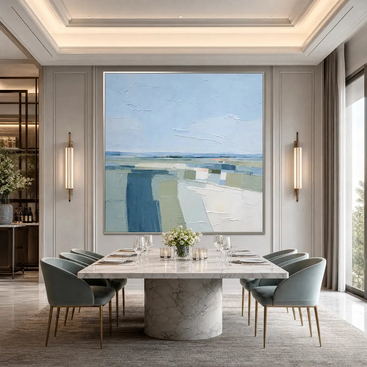 COASTAL REVERIE: Textured Square Abstract Coastal Landscape Painting | rolled canvas, ready for custom framing