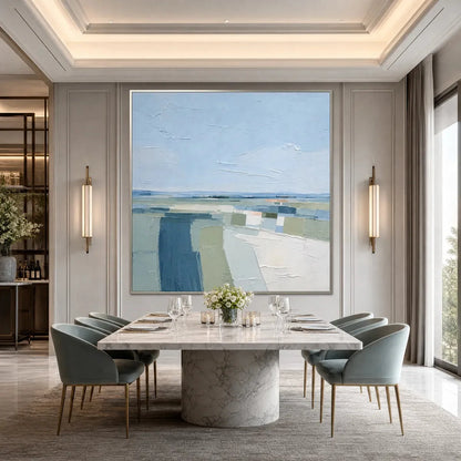 COASTAL REVERIE: Textured Square Abstract Coastal Landscape Painting | rolled canvas, ready for custom framing