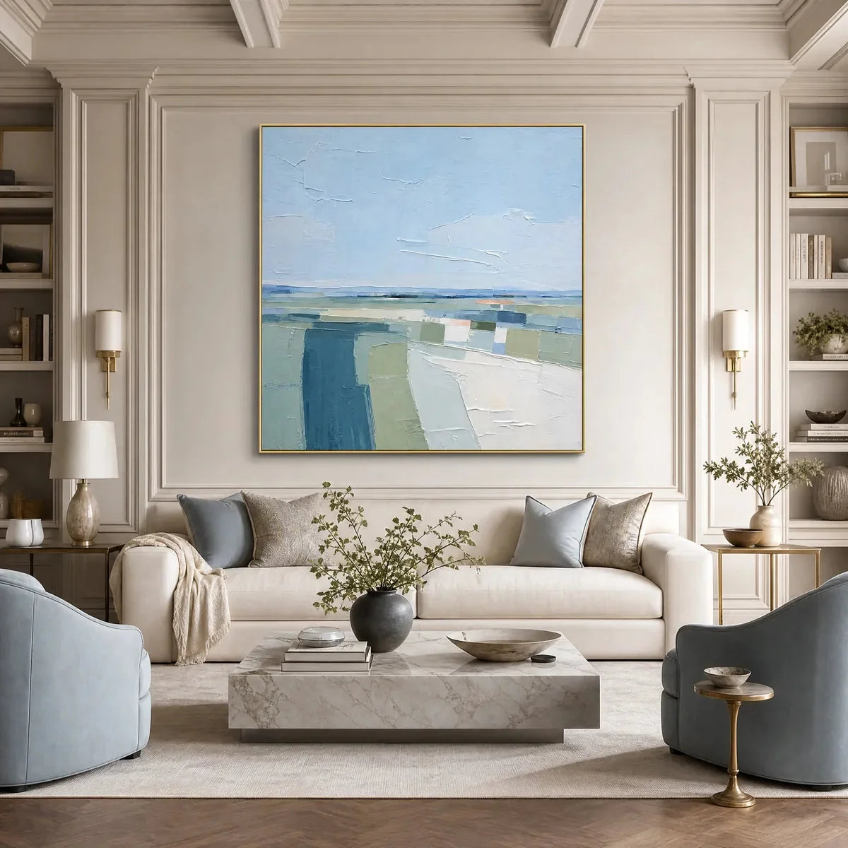 COASTAL REVERIE: Textured Square Abstract Coastal Landscape Painting | black frame version on white wall