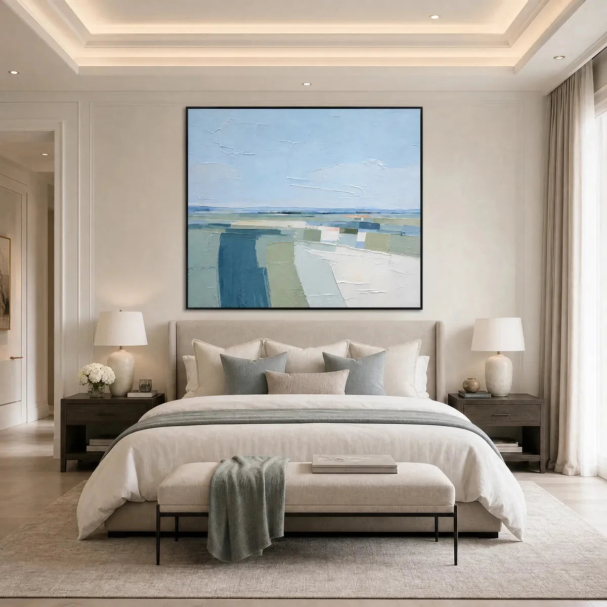 COASTAL REVERIE: Textured Square Abstract Coastal Landscape Painting | Abstract mood, soft natural light studio shot