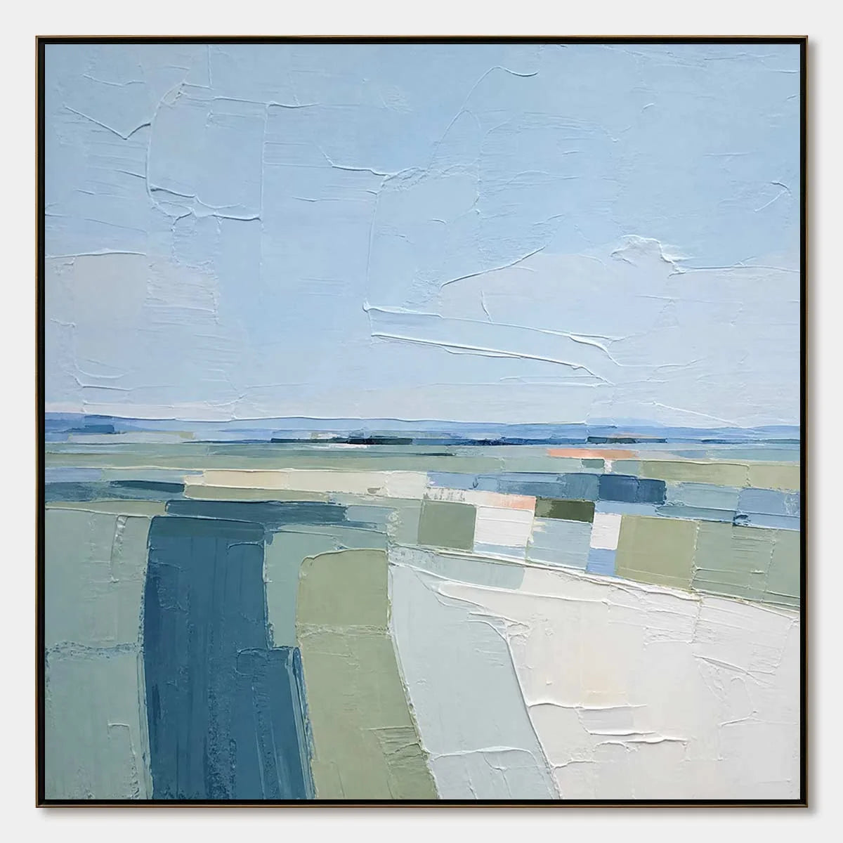 COASTAL REVERIE: Textured Square Abstract Coastal Landscape Painting | hanging in COASTAL REVERIE: Textured Square Abstract Coastal Landscape Painting featuring layered textured brushwork in refine...