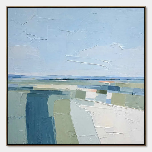 COASTAL REVERIE: Textured Square Abstract Coastal Landscape Painting | hanging in COASTAL REVERIE: Textured Square Abstract Coastal Landscape Painting featuring layered textured brushwork in refine...