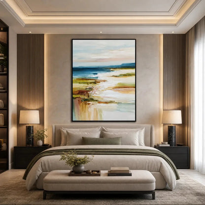 COASTAL REVERIE: Textured Vertical Abstract Seascape Painting | Abstract closeup, raised brushwork detail