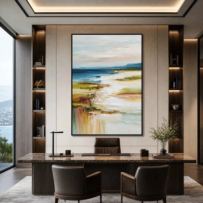 COASTAL REVERIE: Textured Vertical Abstract Seascape Painting | gold frame stretched on neutral wall