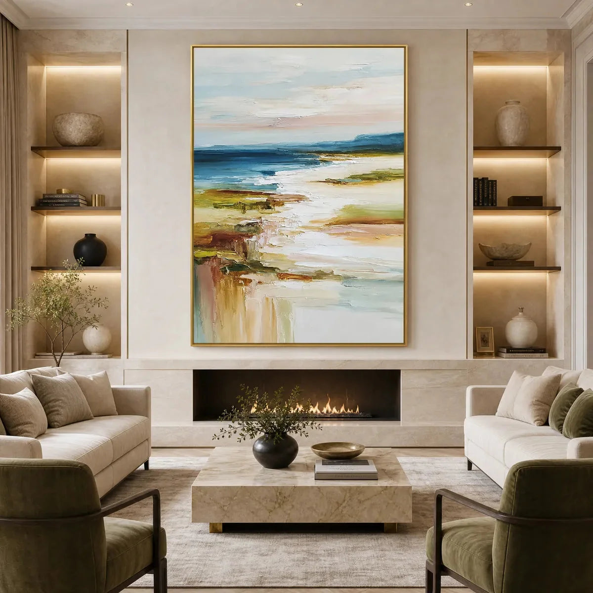 COASTAL REVERIE: Textured Vertical Abstract Seascape Painting | black frame version on white wall