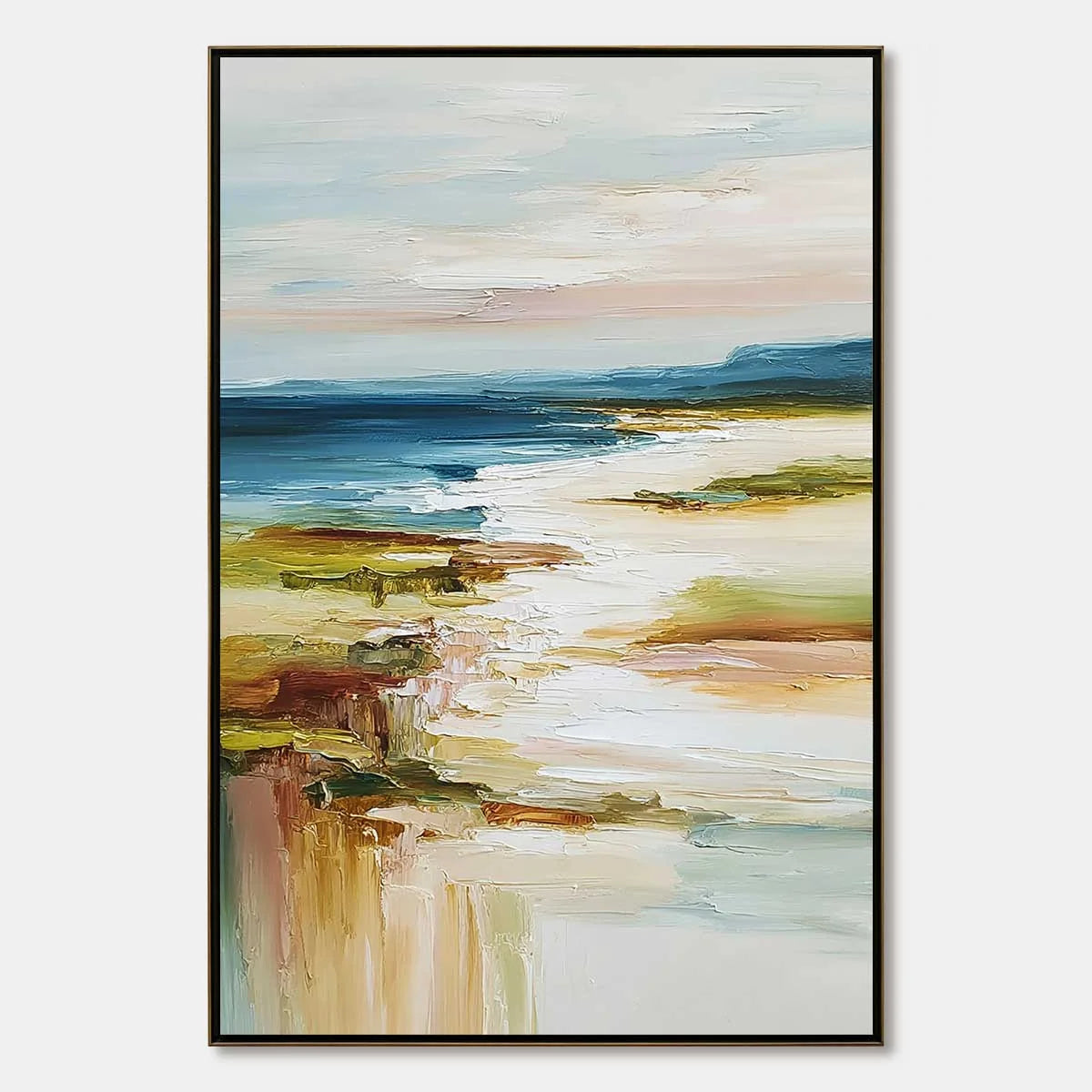 COASTAL REVERIE: Textured Vertical Abstract Seascape Painting | hanging in COASTAL REVERIE: Textured Vertical Abstract Seascape Painting featuring layered textured brushwork in refined tones; abstr...