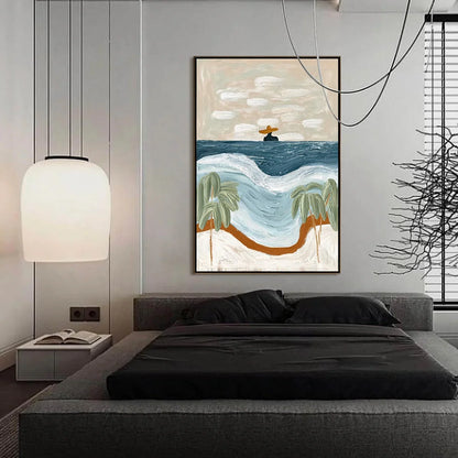 COASTAL REVERIE: Textured Wabi Sabi Style Beach & Sea Painting | gold frame stretched on neutral wall