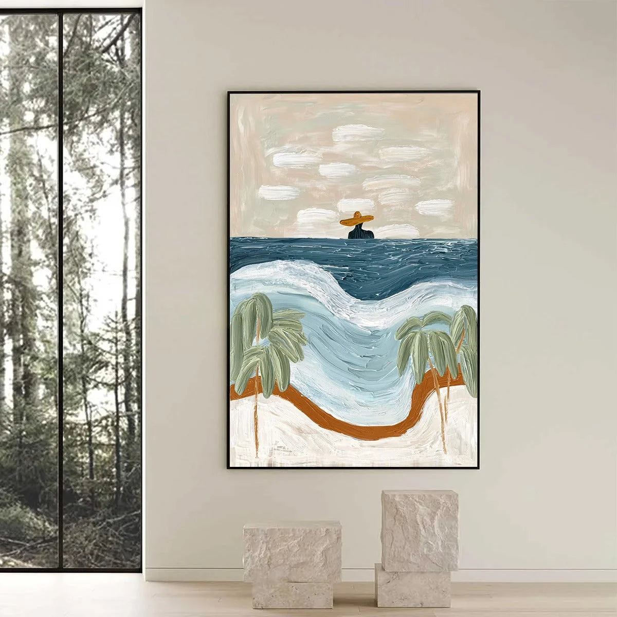 COASTAL REVERIE: Textured Wabi Sabi Style Beach & Sea Painting | black frame version on white wall