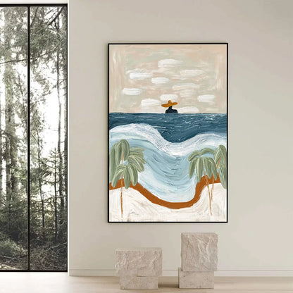 COASTAL REVERIE: Textured Wabi Sabi Style Beach & Sea Painting | black frame version on white wall