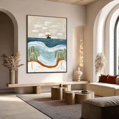 COASTAL REVERIE: Textured Wabi Sabi Style Beach & Sea Painting | Abstract mood, soft natural light studio shot