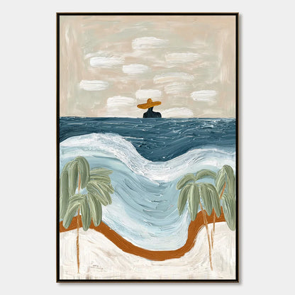 COASTAL REVERIE: Textured Wabi Sabi Style Beach & Sea Painting | hanging in COASTAL REVERIE: Textured Wabi Sabi Style Beach & Sea Painting featuring layered textured brushwork in refined tones; abs...