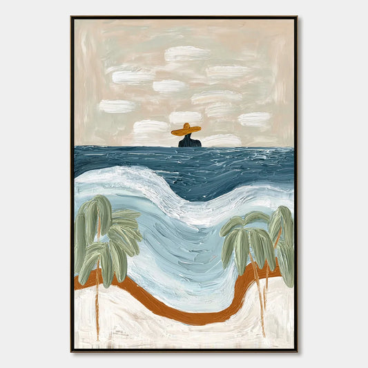 COASTAL REVERIE: Textured Wabi Sabi Style Beach & Sea Painting | hanging in COASTAL REVERIE: Textured Wabi Sabi Style Beach & Sea Painting featuring layered textured brushwork in refined tones; abs...