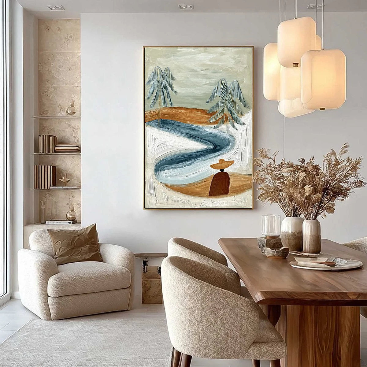 COASTAL REVERIE: Textured Wabi Sabi Coastal Landscape Painting | gold frame stretched on neutral wall