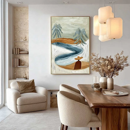 COASTAL REVERIE: Textured Wabi Sabi Coastal Landscape Painting | gold frame stretched on neutral wall