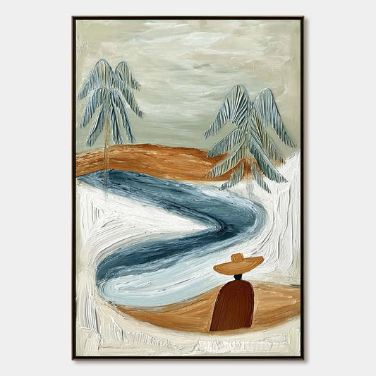 COASTAL REVERIE: Textured Wabi Sabi Coastal Landscape Painting | hanging in COASTAL REVERIE: Textured Wabi Sabi Coastal Landscape Painting featuring layered textured brushwork in refined tones; lan...