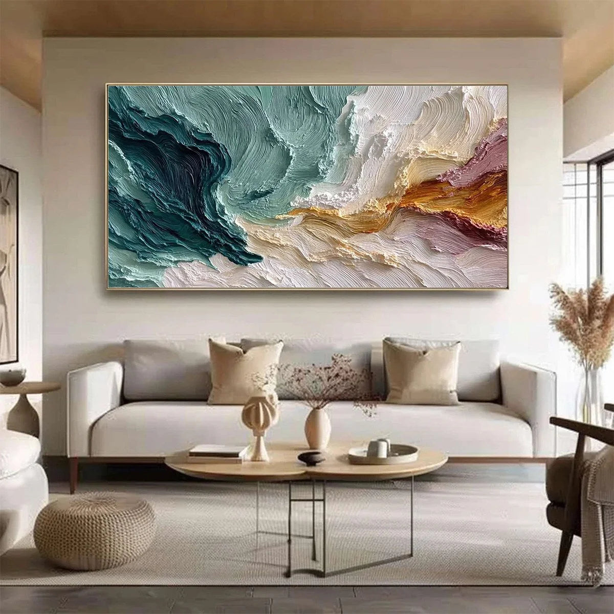 COASTAL RHYTHM: Large Horizontal Textured Impasto Ocean Painting | Abstract closeup, raised brushwork detail