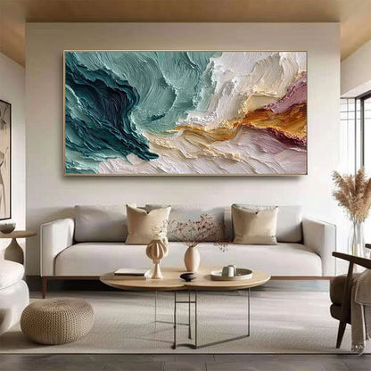 COASTAL RHYTHM: Large Horizontal Textured Impasto Ocean Painting | Abstract closeup, raised brushwork detail