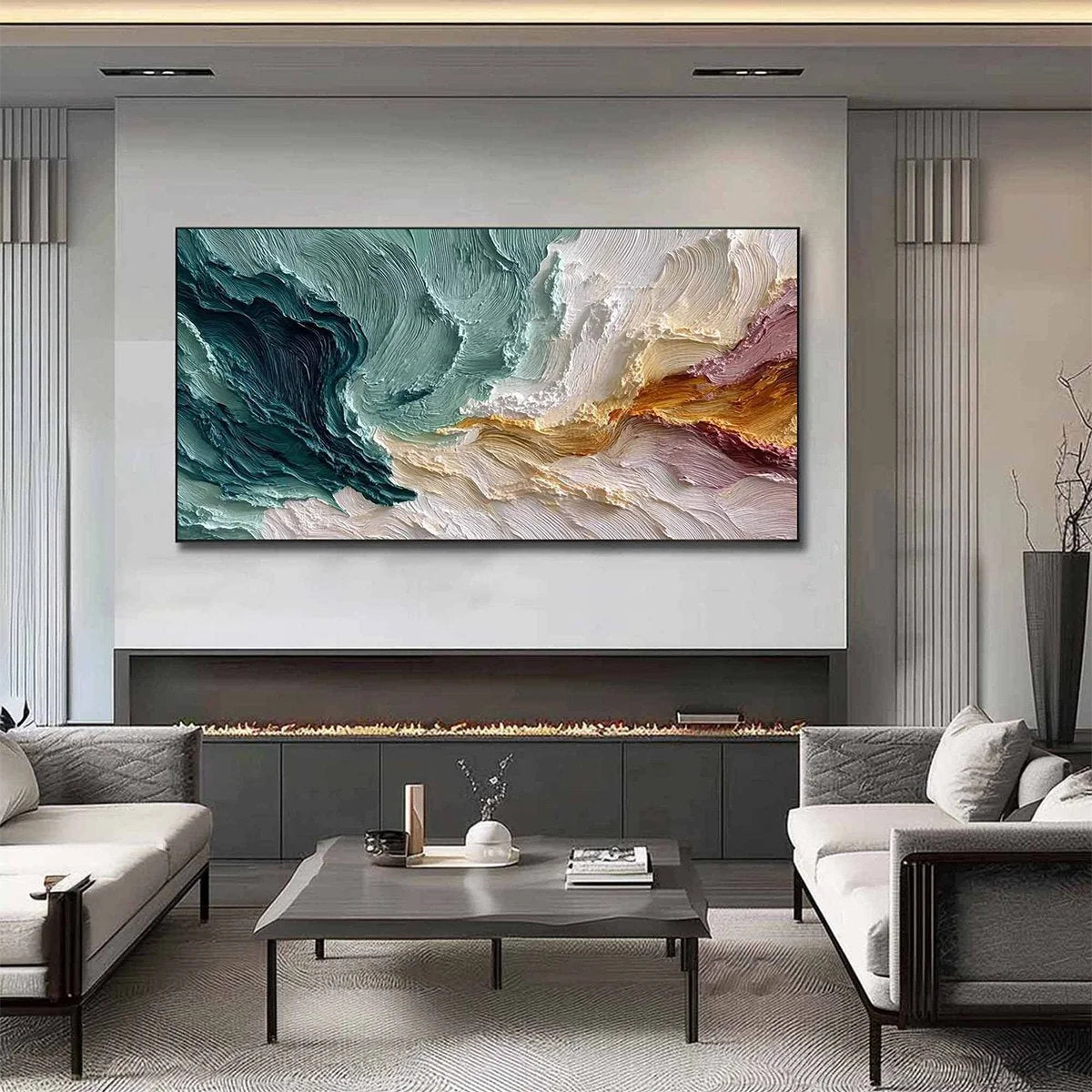 COASTAL RHYTHM: Large Horizontal Textured Impasto Ocean Painting | gold frame stretched on neutral wall