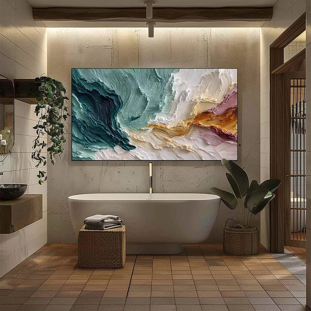 COASTAL RHYTHM: Large Horizontal Textured Impasto Ocean Painting | black frame version on white wall