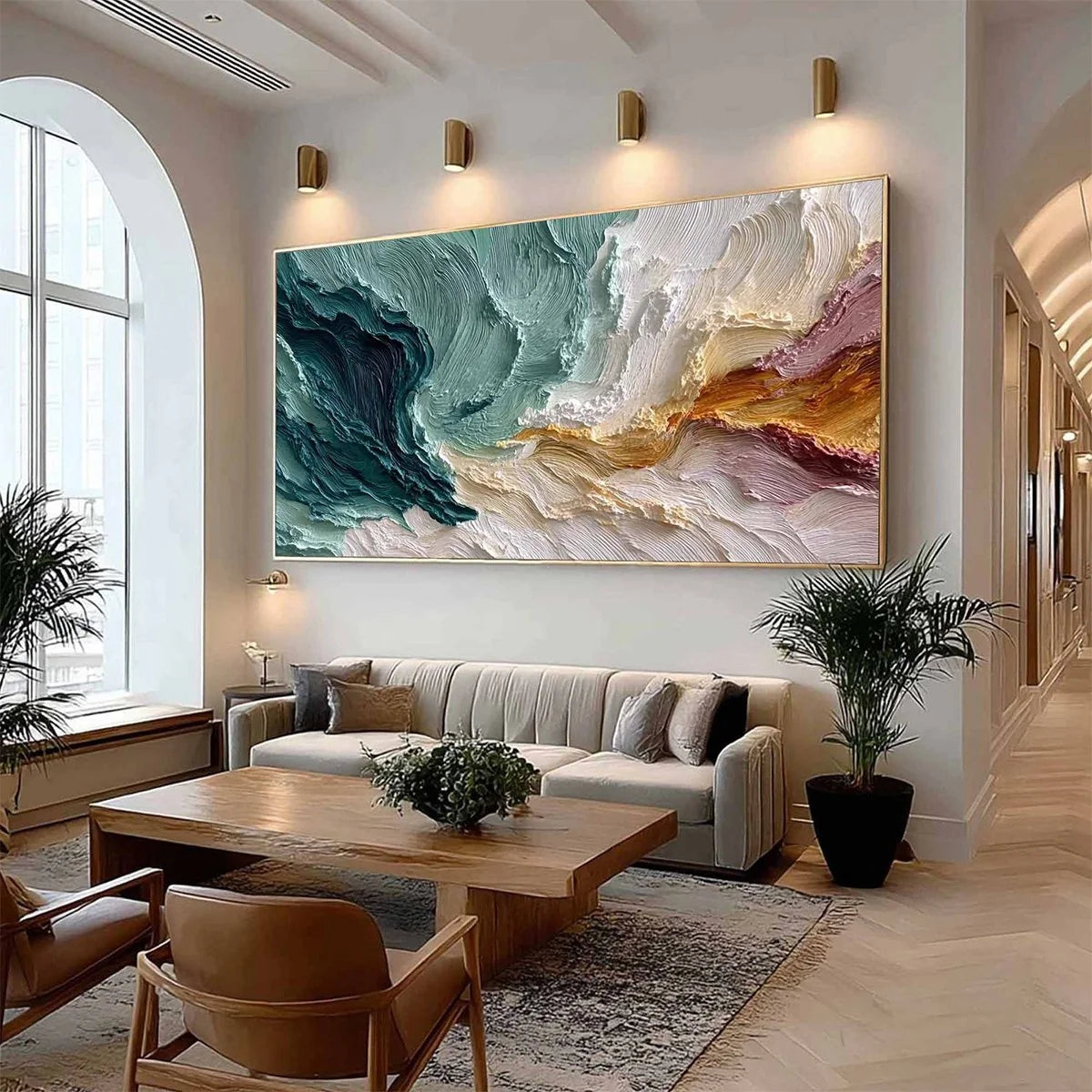 COASTAL RHYTHM: Large Horizontal Textured Impasto Ocean Painting | Abstract mood, soft natural light studio shot
