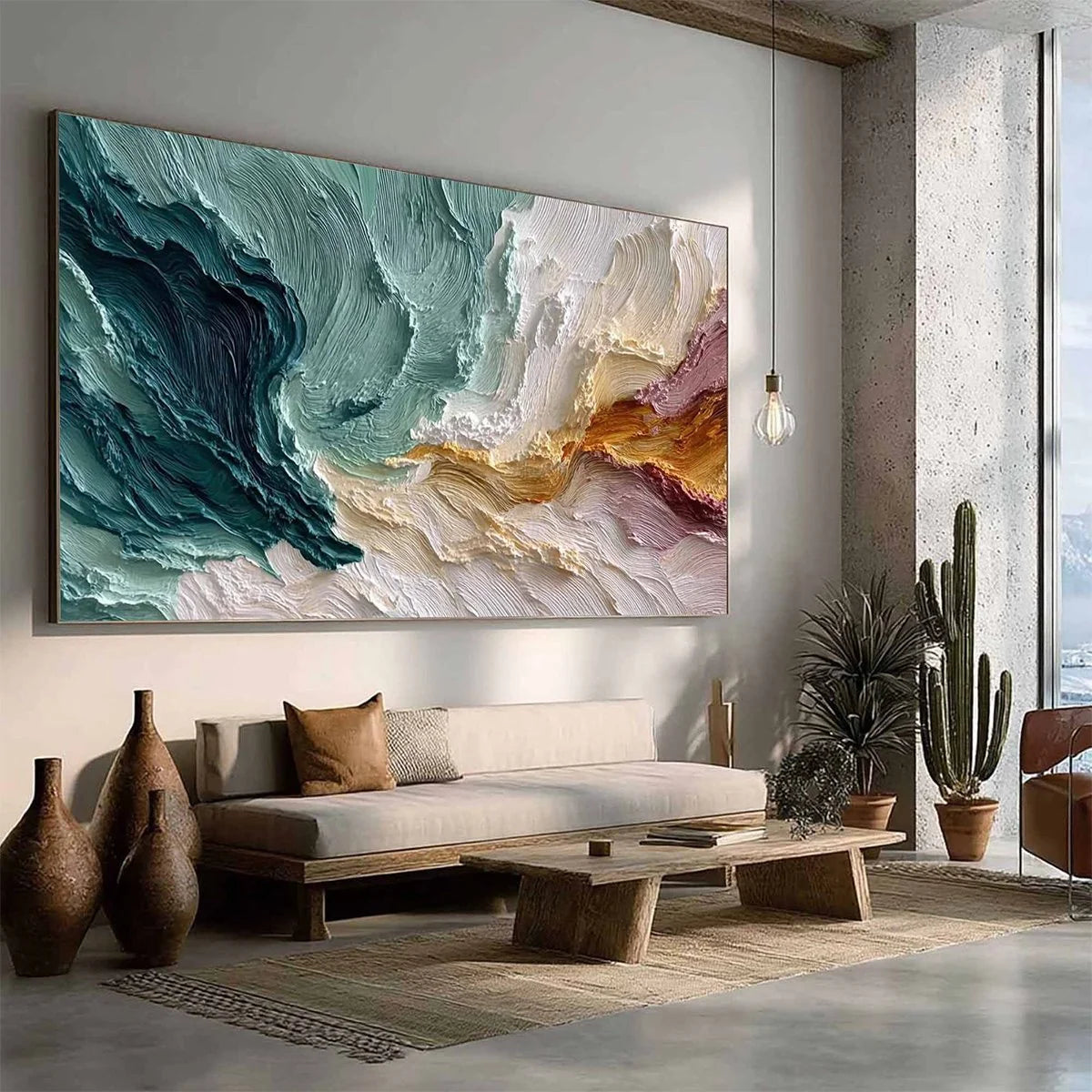 COASTAL RHYTHM: Large Horizontal Textured Impasto Ocean Painting | blue palette, original Hand-painted on premium stretched canvas using artist-grade oils; rich layered surface combines smooth grad...