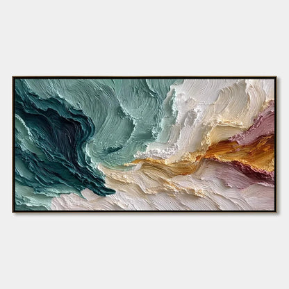 COASTAL RHYTHM: Large Horizontal Textured Impasto Ocean Painting | hanging in COASTAL RHYTHM: Large Horizontal Textured Impasto Ocean Painting featuring layered textured brushwork in refined tones;...