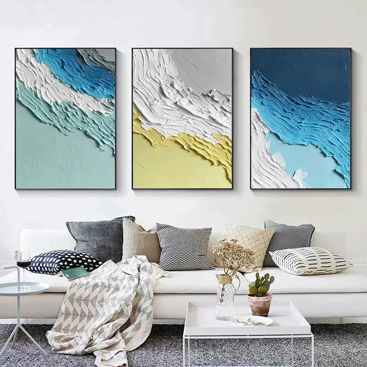 COASTAL RHYTHM: Textured Abstract Triptych of a Serene Seascape | Abstract closeup, raised brushwork detail