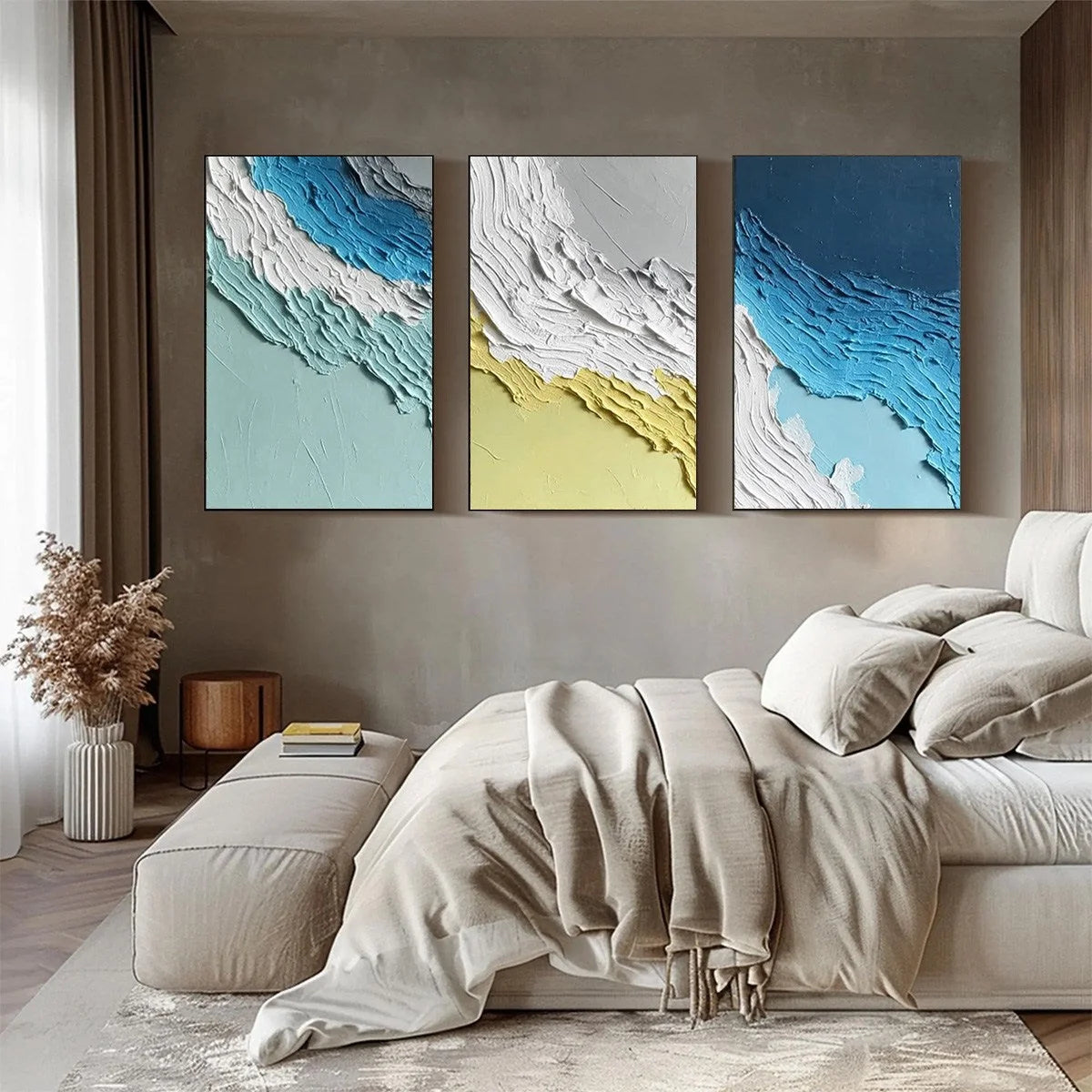 COASTAL RHYTHM: Textured Abstract Triptych of a Serene Seascape | gold frame stretched on neutral wall