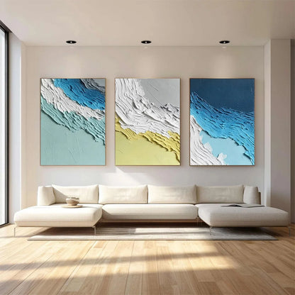 COASTAL RHYTHM: Textured Abstract Triptych of a Serene Seascape | black frame version on white wall