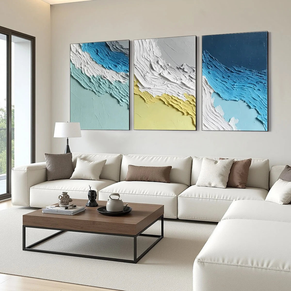 COASTAL RHYTHM: Textured Abstract Triptych of a Serene Seascape | Abstract mood, soft natural light studio shot